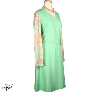 Vintage 60s 70s Mini Dress Green w Orange Pink Floral Sz ML B38 W31-32 - Hey Viv